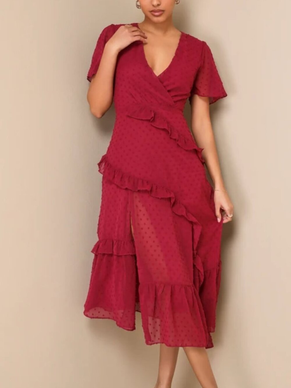 LULUS Next to You Plum Swiss Dot Ruffled Midi Dress - NWT